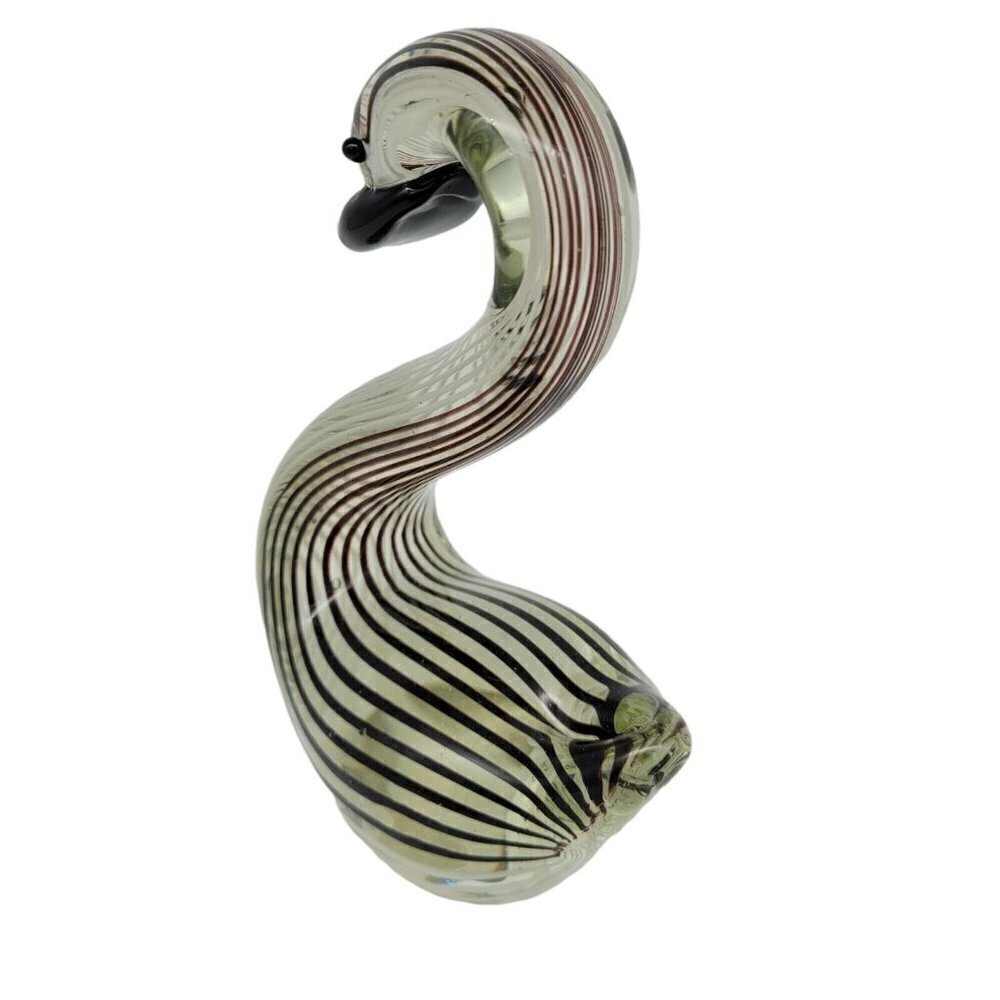 Hand Blown Art Glass Swan Black White Striped On Clear Smooth Pontil Collectable - Picture 5 of 8